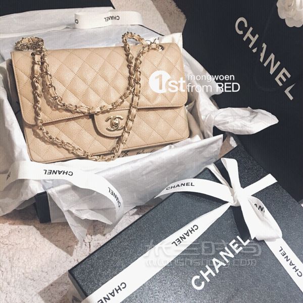 香奈兒 Chanel cf 中號裸色牛皮金鏈上身圖_1