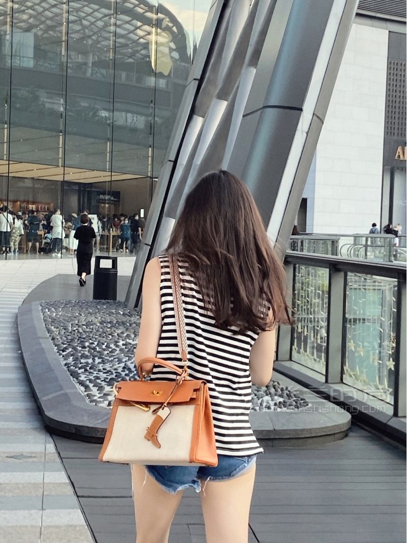愛馬仕HERMES Kelly 32 奶茶色 帆布拼皮_6