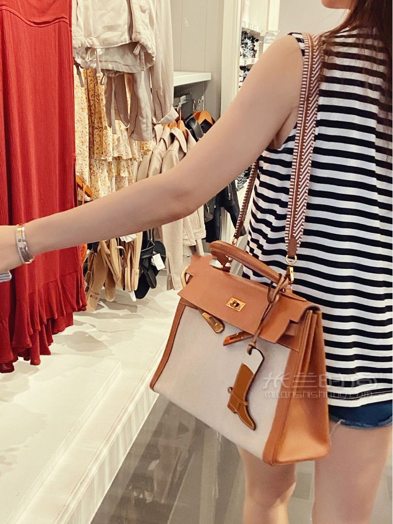 愛馬仕HERMES Kelly 32 奶茶色 帆布拼皮_1