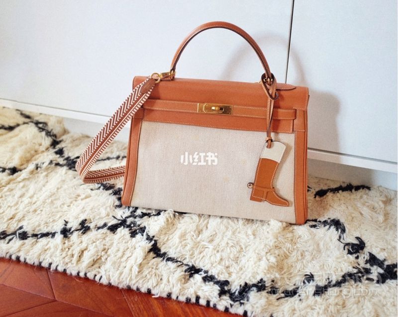 愛馬仕HERMES Kelly 32 奶茶色 帆布拼皮_2